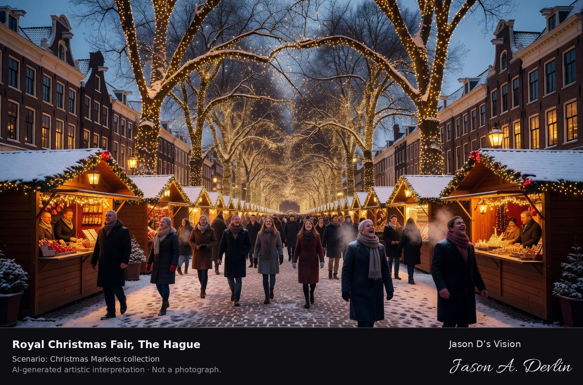 AI-generated artistic interpretation of the Royal Christmas Fair on Lange Voorhout in The Hague on a festive evening